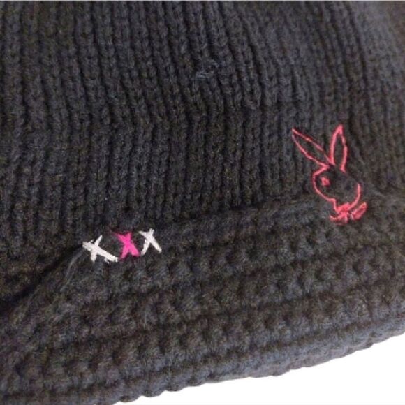 VTG Y2K PLAYBOY Bunny Black Knit Pink Embroidered Rabbit Head Beanie - Picture 3 of 12